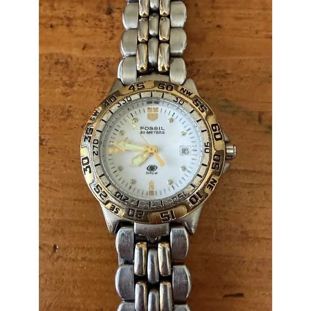 Vintage Fossil Blue AM-3229 Two Tone Stainless Steel Rotating Bezel Watch